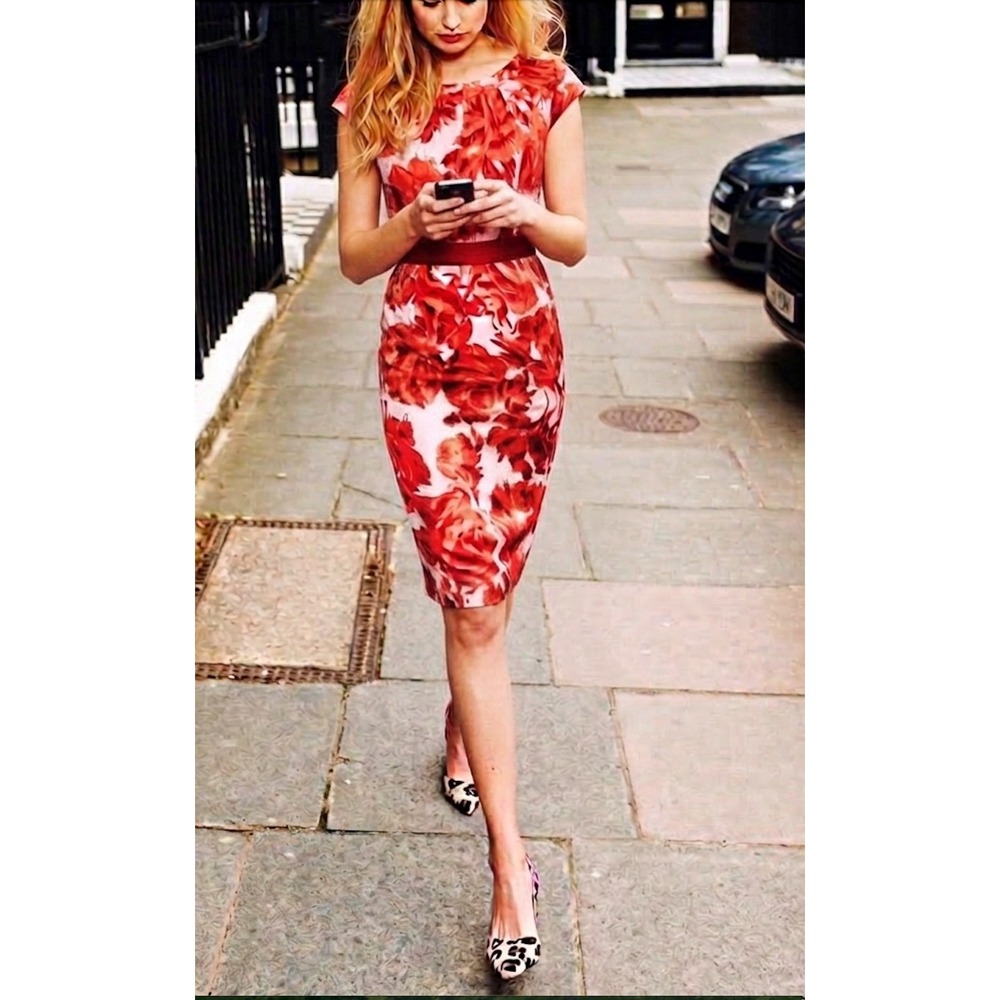 Boden Vanessa Floral Silk Blend Sheath Dress 6L Red Pink Wedding Guest Classic